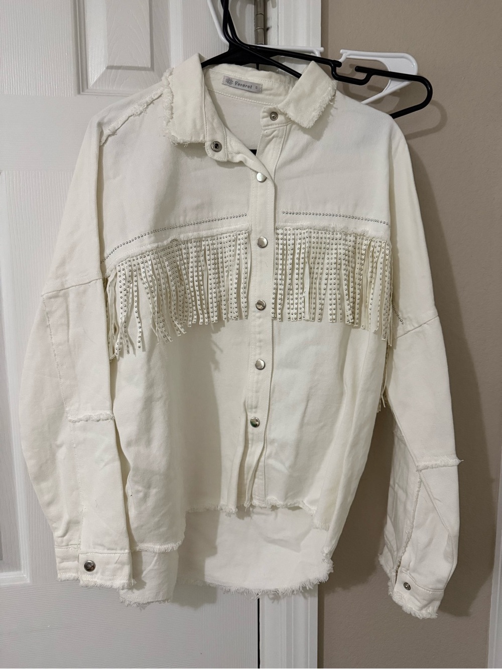 Vervet by Flying Tomato Cream Fringe Denim Jacket